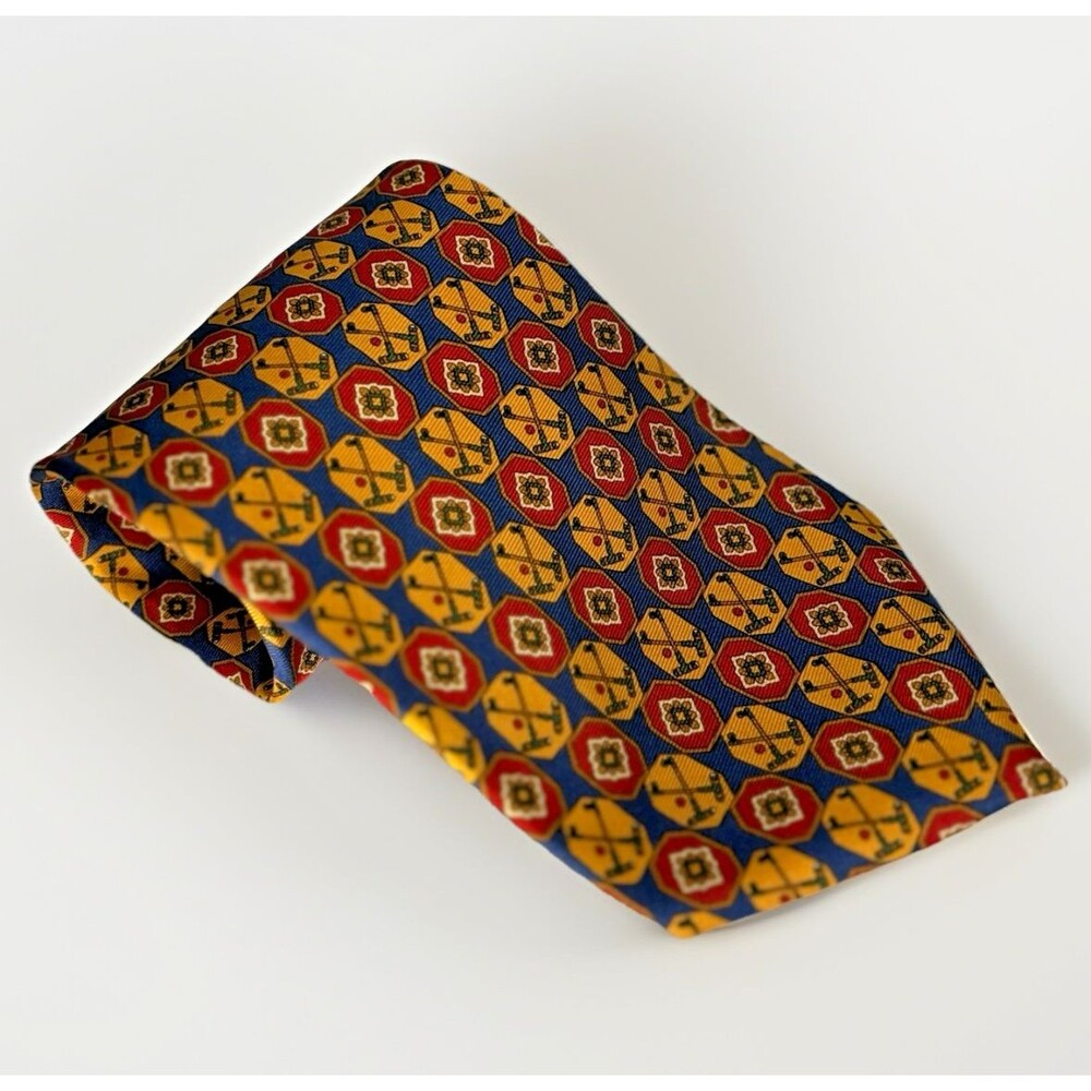 Gap Premium Silk Tie with Polo Mallets Gold Blue and Red Preppy Necktie USA Made